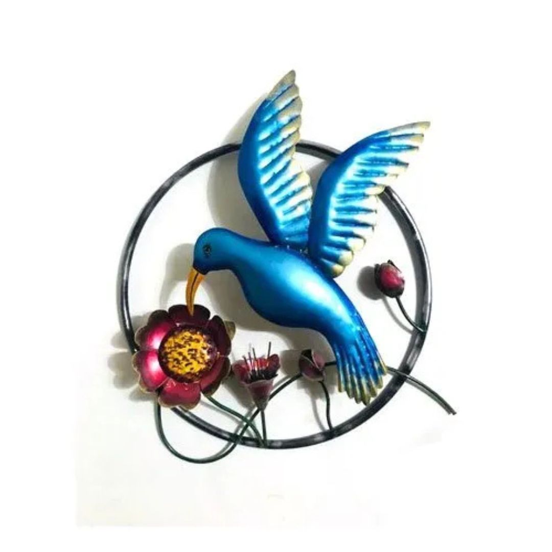3D Blue Bird Wall Art with Red Flowers in Circular Frame