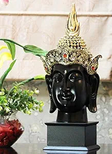 Antique Black Golden Buddha Face with Crown and Wooden Base Showpiece