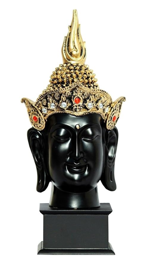 Antique Black Golden Buddha Face with Crown and Wooden Base Showpiece