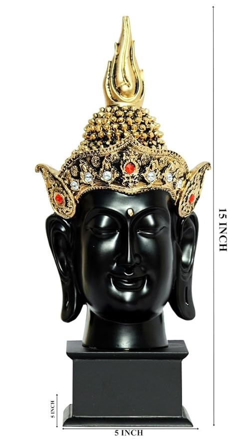 Antique Black Golden Buddha Face with Crown and Wooden Base Showpiece