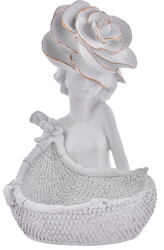 Decorative White Lady with Basket Statue for Home Decor