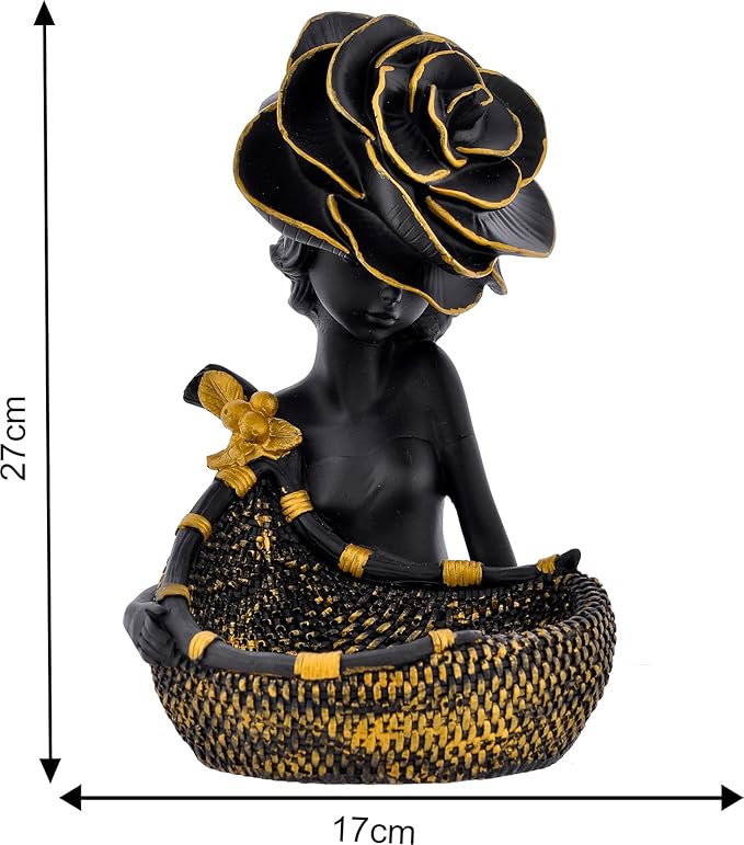 Elegant Black Lady Statue with Basket | for Living Room | Office | Gift Ideas