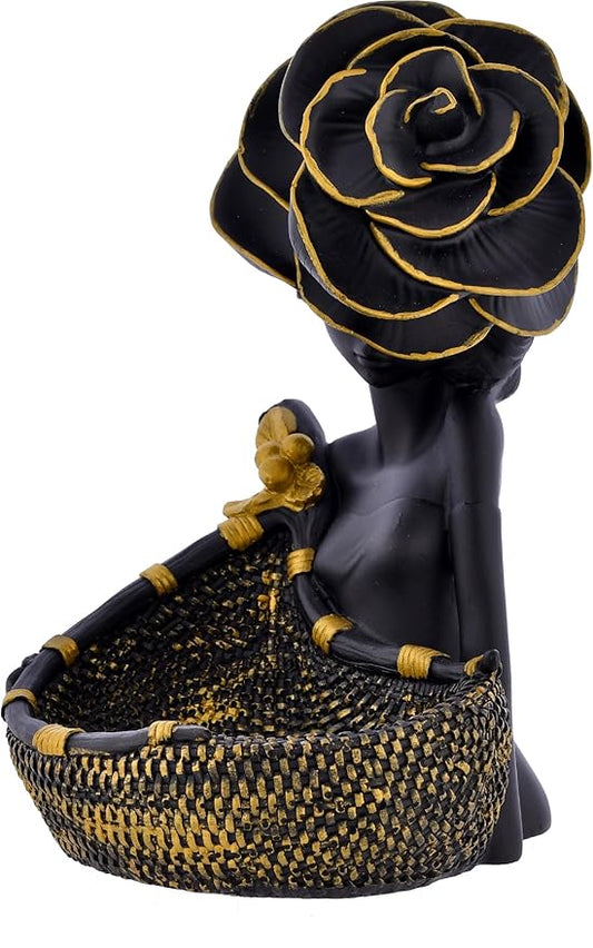 Elegant Black Lady Statue with Basket | for Living Room | Office | Gift Ideas