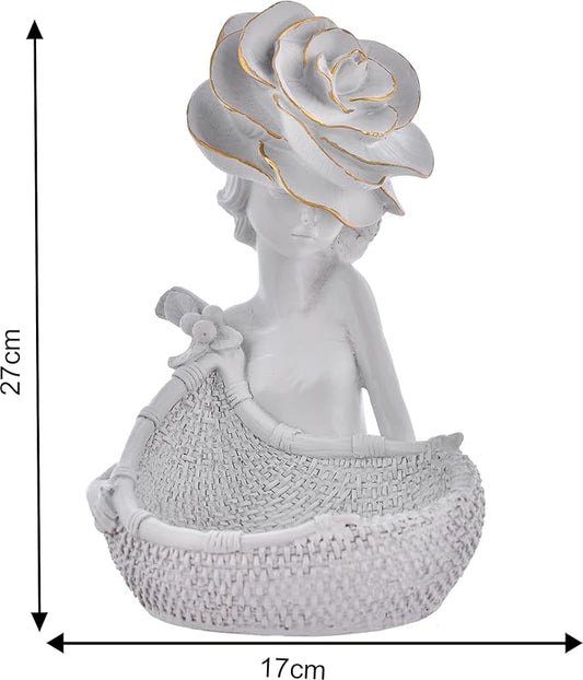 Decorative White Lady with Basket Statue for Home Decor
