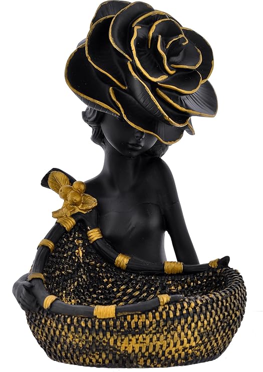 Elegant Black Lady Statue with Basket | for Living Room | Office | Gift Ideas