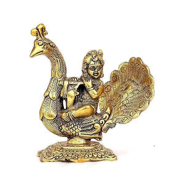 Handcrafted Laddu Gopal Playing Basuri on Peacock Decorative Showpiece