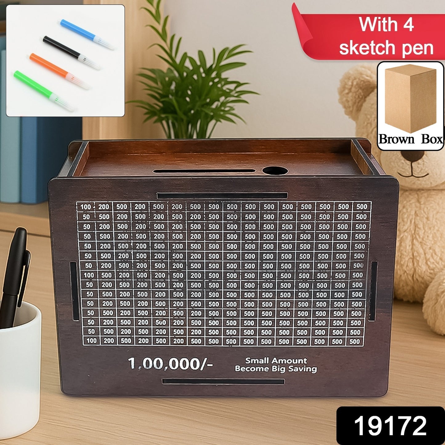Wooden Money Piggy Bank Money Box (1 Pc 4 Sketch Pen)