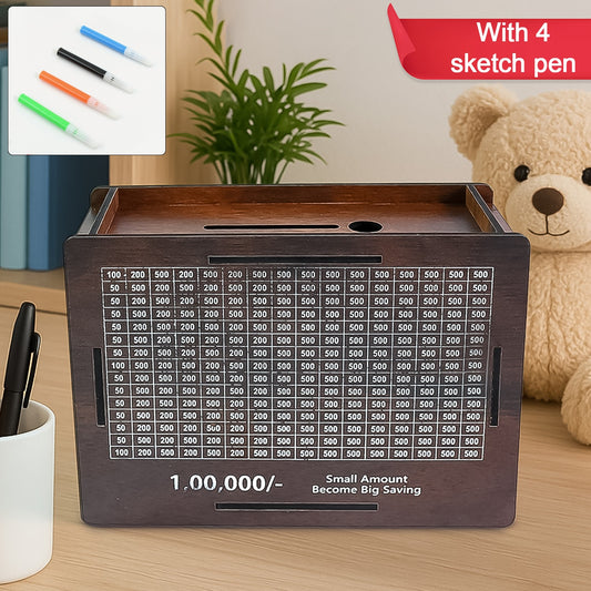Wooden Money Piggy Bank Money Box (1 Pc 4 Sketch Pen)