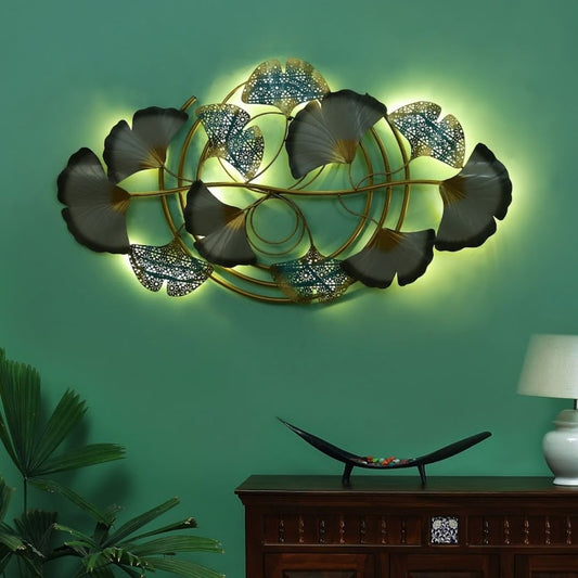 Gold & Blue Ginkgo Leaf Wall Art with LED Backlight Decor