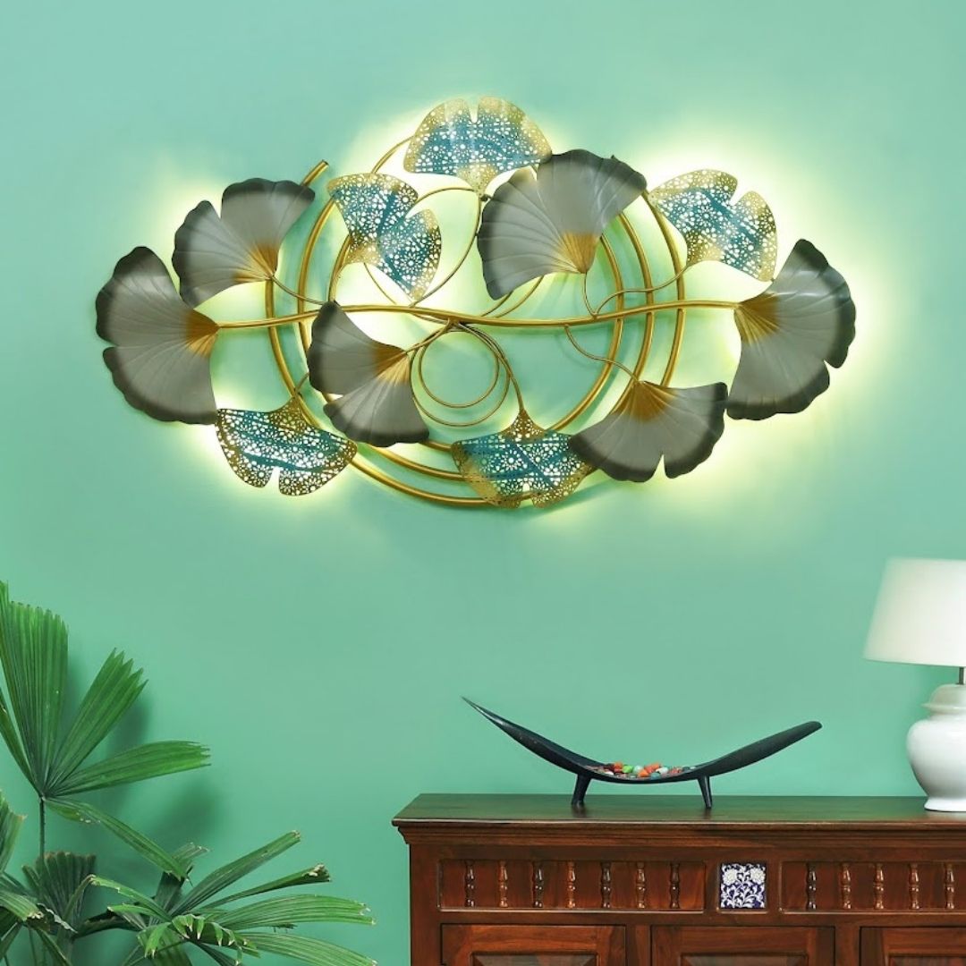 Gold & Blue Ginkgo Leaf Wall Art with LED Backlight Decor