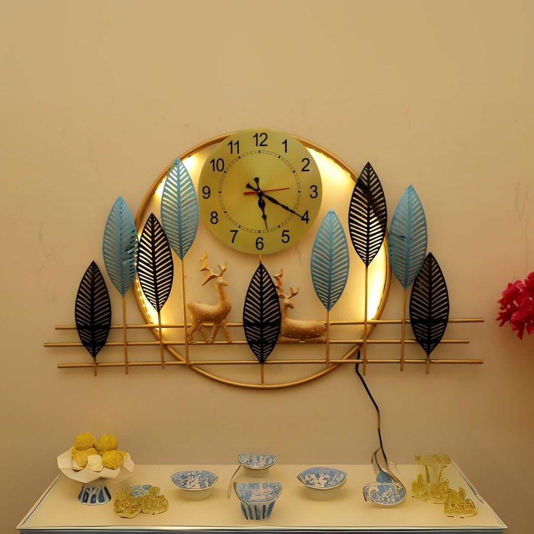 Golden Clock Wall Art with Blue Leaves and Deer Decoration