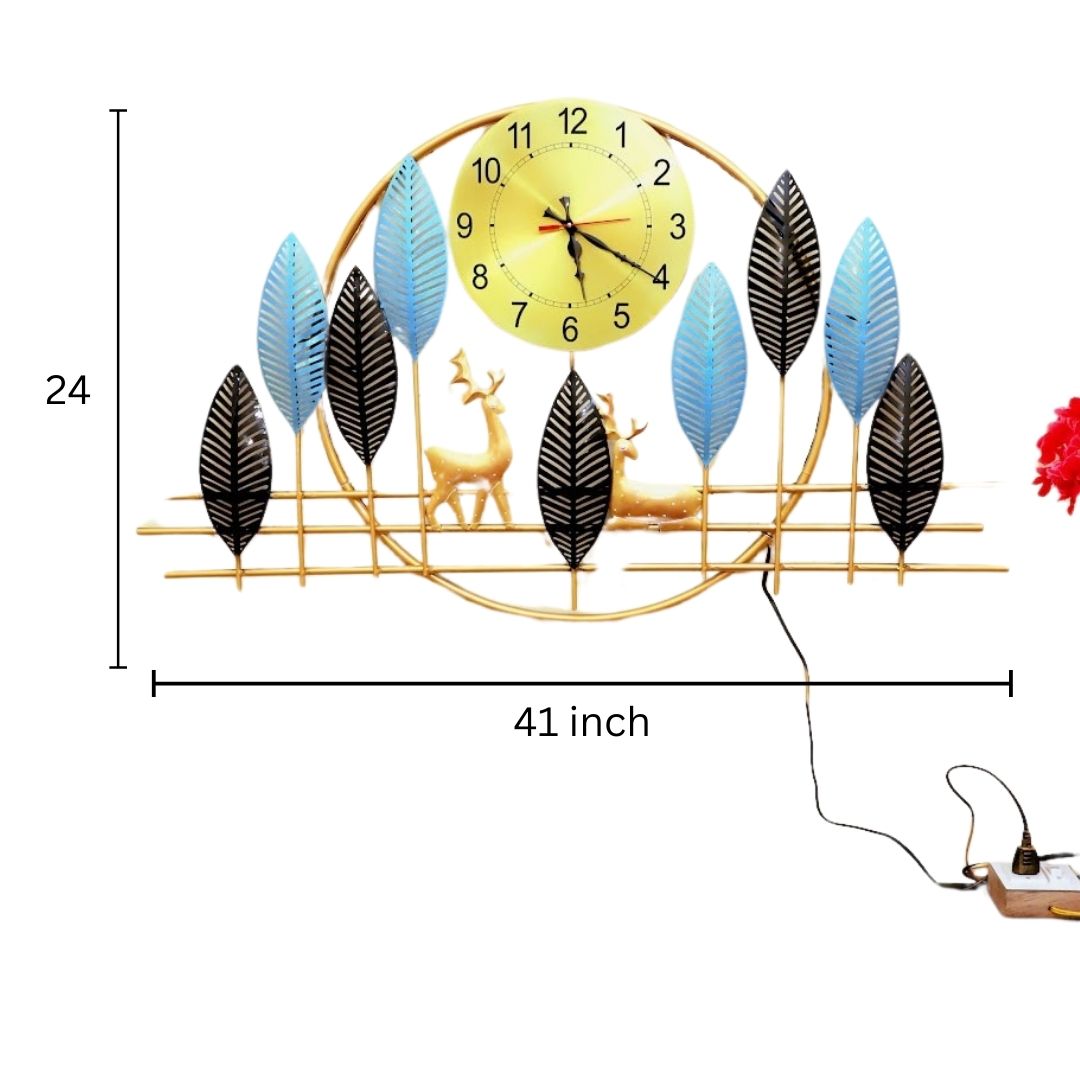 Golden Clock Wall Art with Blue Leaves and Deer Decoration