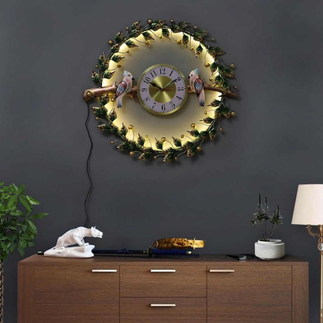 Golden Leaf Clock with LED Lighting & Bird Wall Art Decor