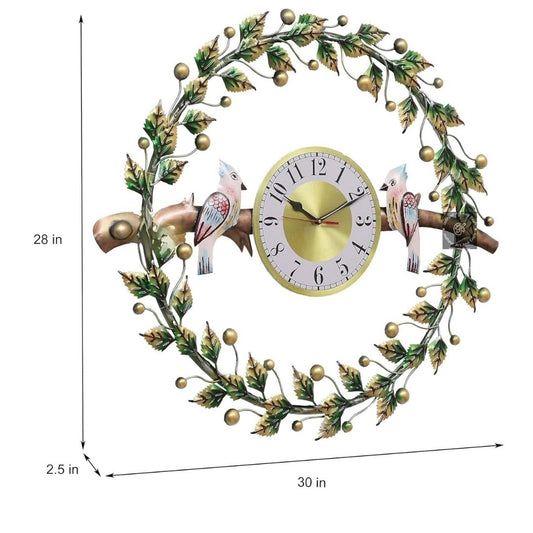 Golden Leaf Clock with LED Lighting & Bird Wall Art Decor