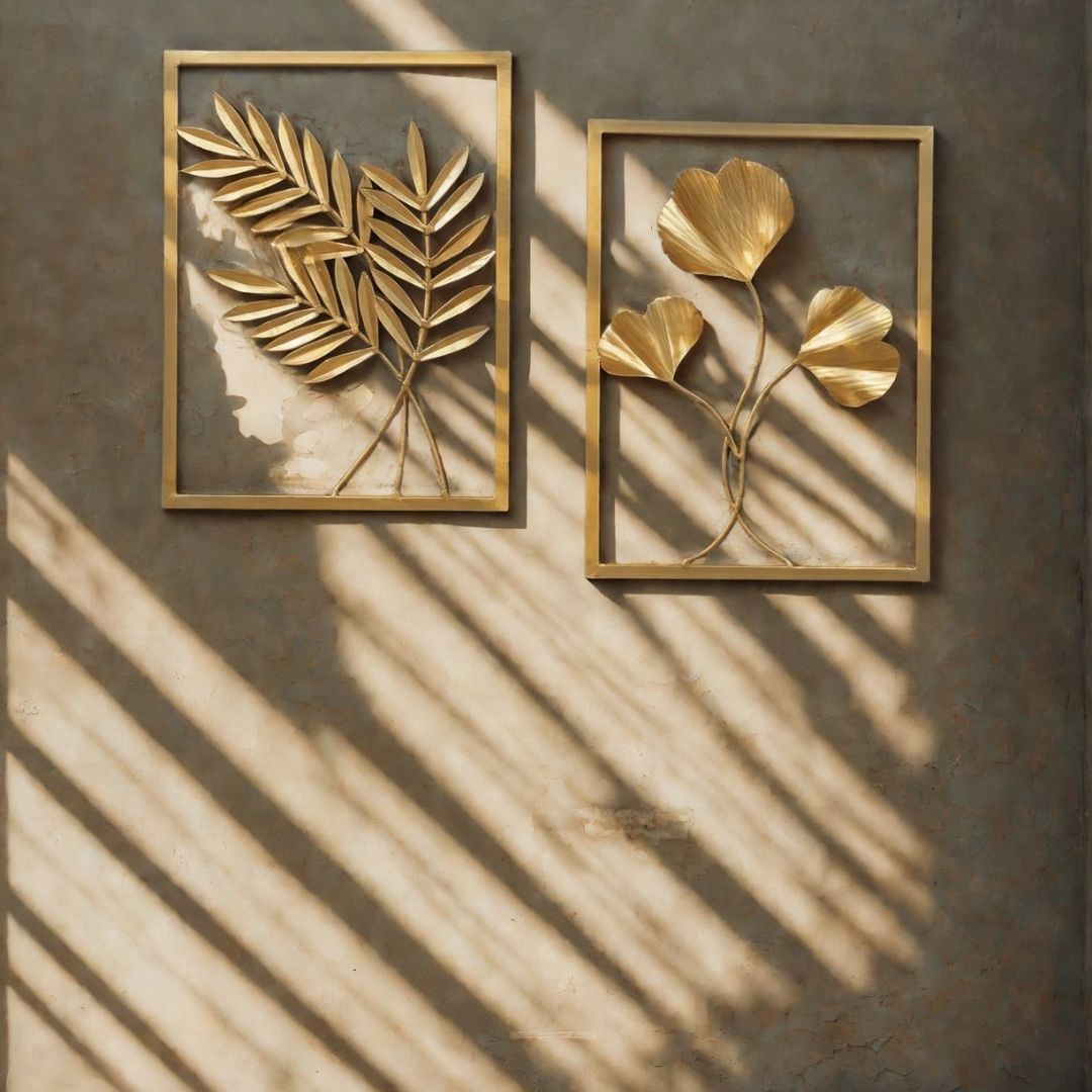 Golden Palm Leaf and Floral Wall Art Set in Rectangular Frames