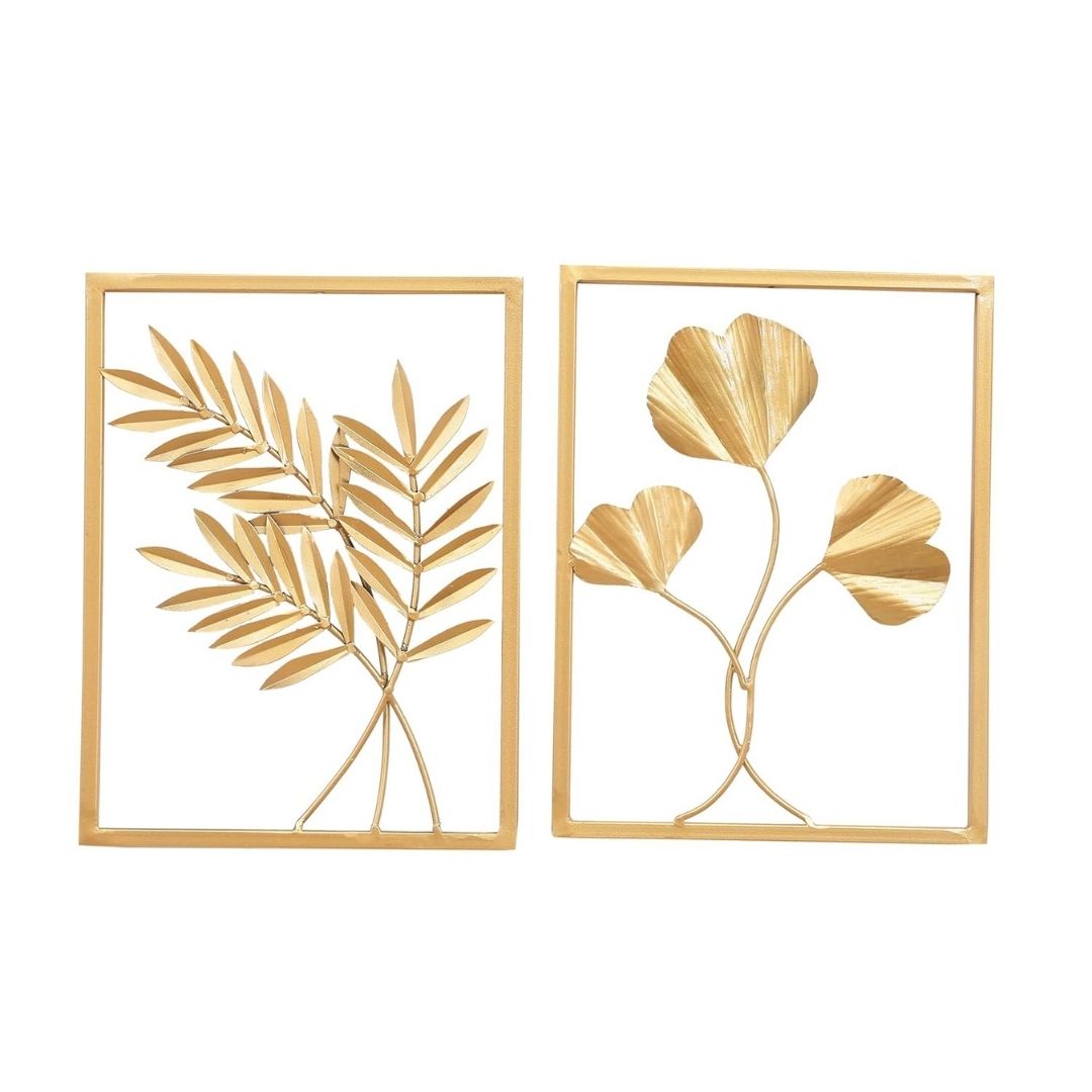 Golden Palm Leaf and Floral Wall Art Set in Rectangular Frames