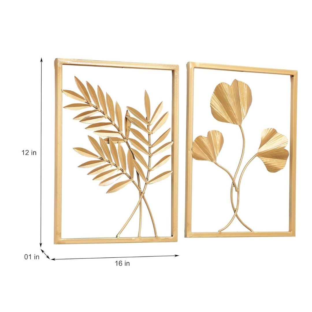 Golden Palm Leaf and Floral Wall Art Set in Rectangular Frames