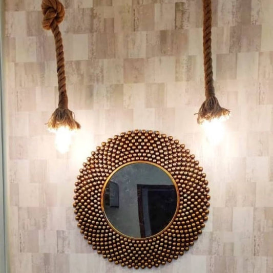 Golden Round Beaded Mirror with Chic Decorative Frame