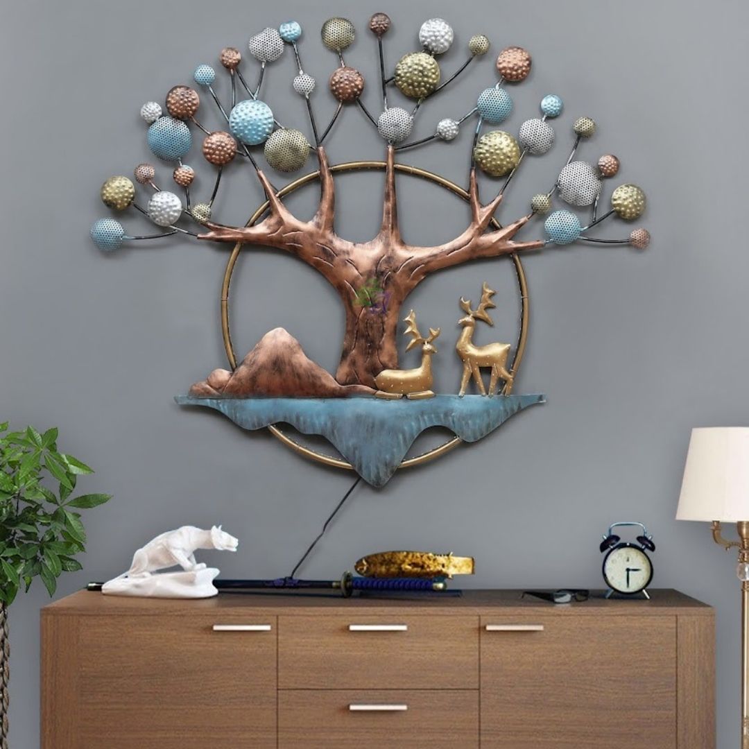 Golden Tree Wall Art with Colorful Leaves and Deer on Blue Base