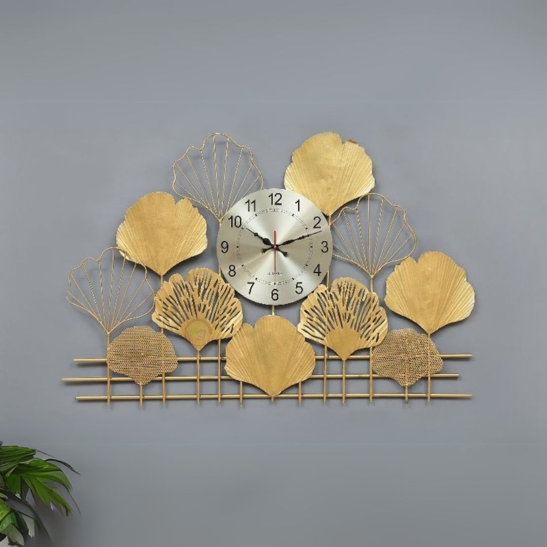 Golden Wall Clock with Leaves Shapes Design for Dining Room