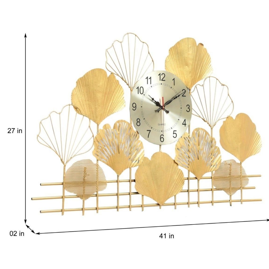 Golden Wall Clock with Leaves Shapes Design for Dining Room