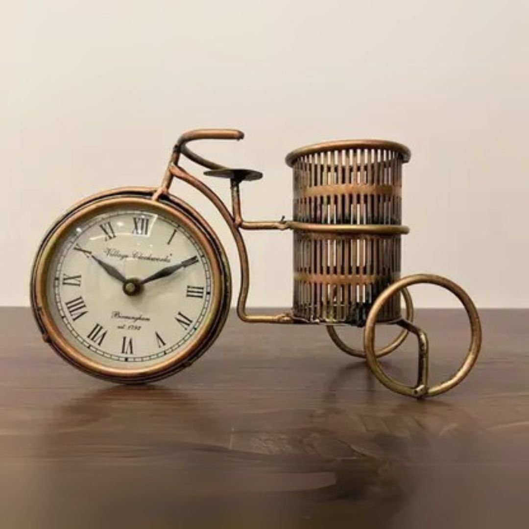 Iron Cycle Pen Stand with Clock – For Office & Table