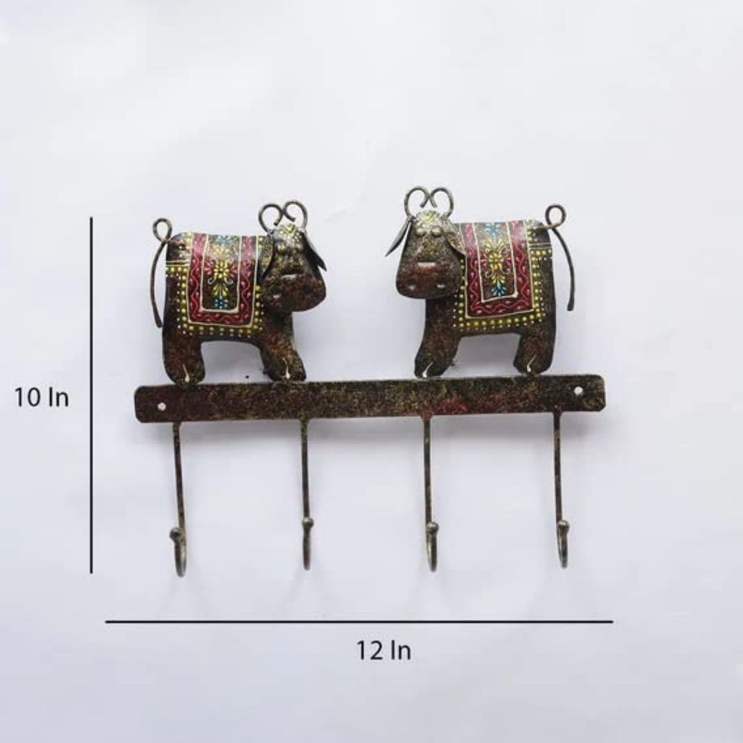 Iron Painted 2 Cow Key Holder Wall Decor Gift 4 Hooks