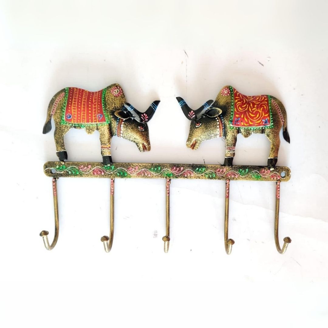 Iron Painted 2 Ox Key Holder Wall Decor Gift 5 Hooks