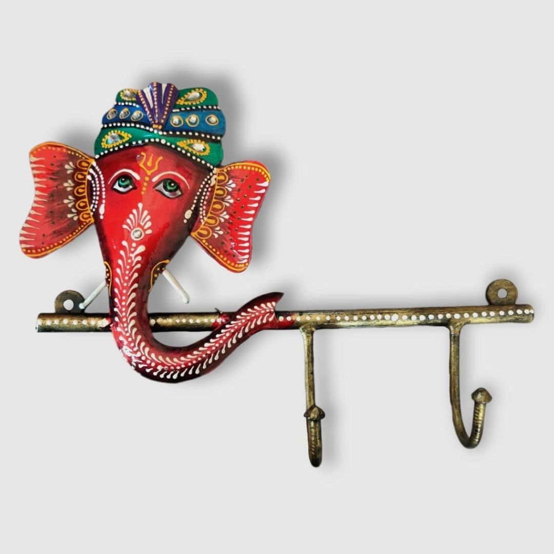 Iron Painted Ganesha Wall Key Holder with 2 Hooks
