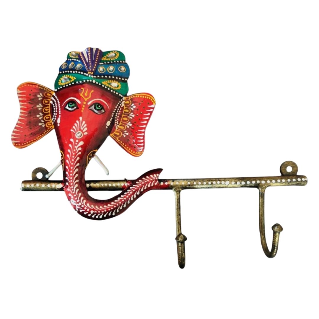 Iron Painted Ganesha Wall Key Holder with 2 Hooks