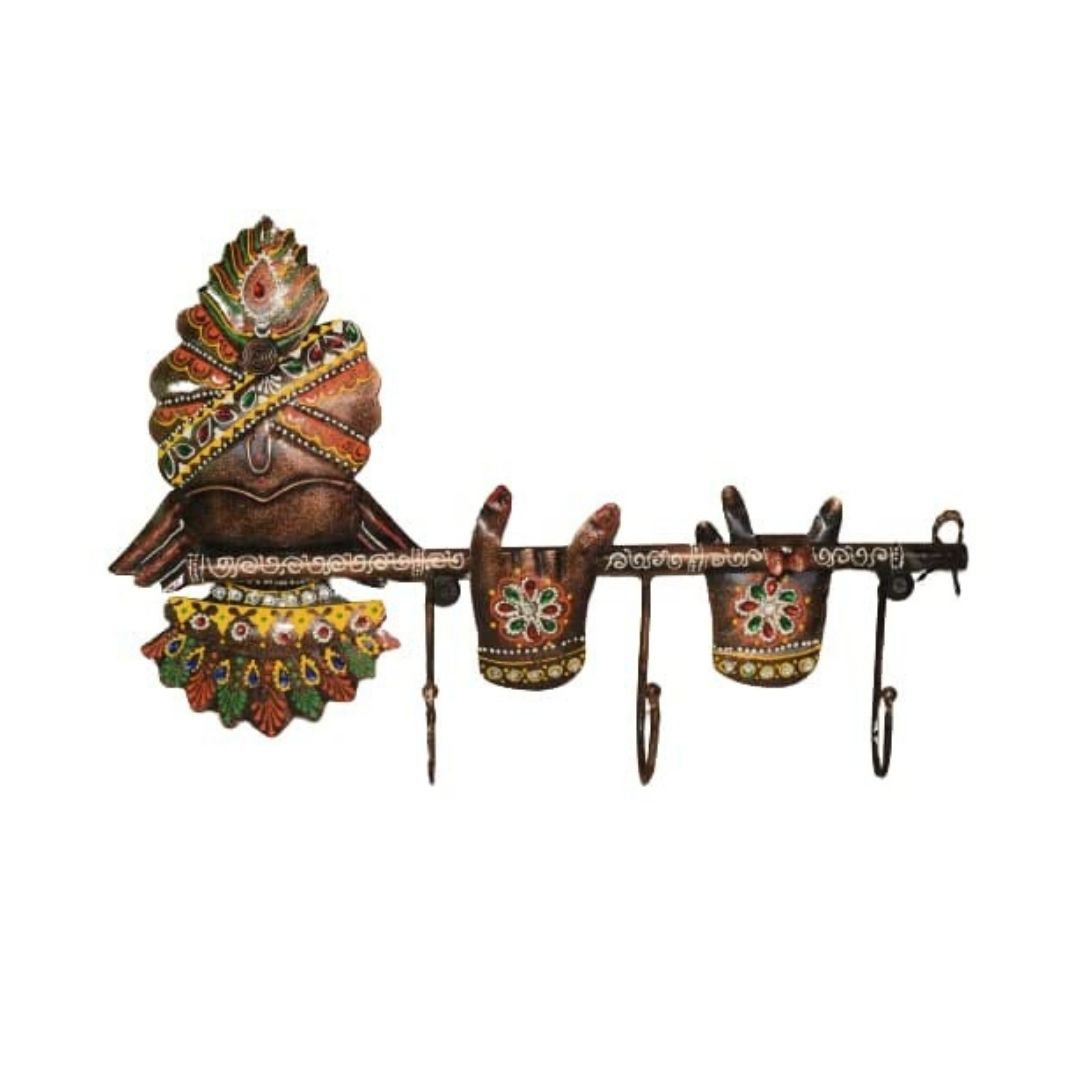 Iron Painted Krishna Wall Key Holder with 3 Hooks for Wall