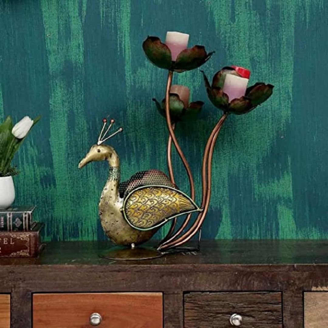 Iron Painted Peacock Tealight for Gift, Decoration