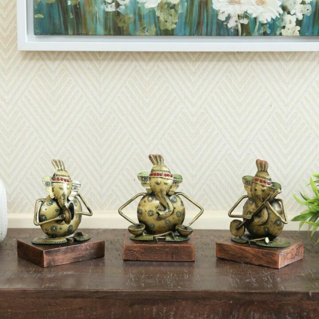 Iron Painted Sitting Ganesh Set of 3 Handicraft Showpieces