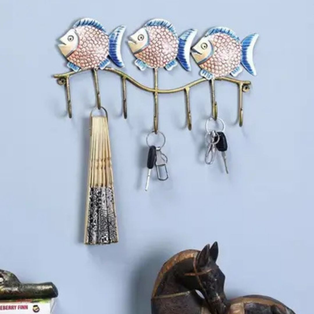 Iron Painted Wall Fish Hook – 3 Fish, 7 Hooks Wall Decor Gift