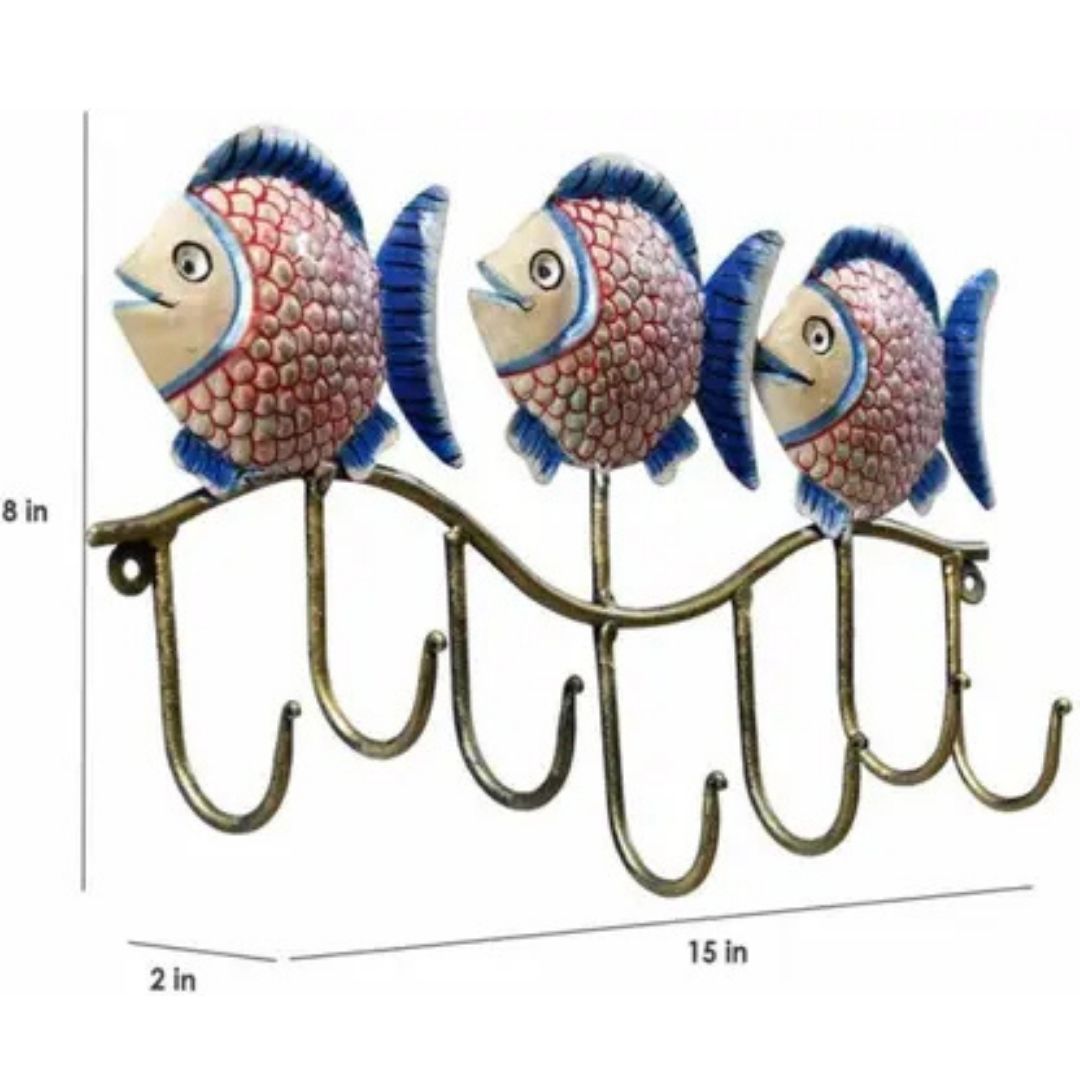 Iron Painted Wall Fish Hook – 3 Fish, 7 Hooks Wall Decor Gift