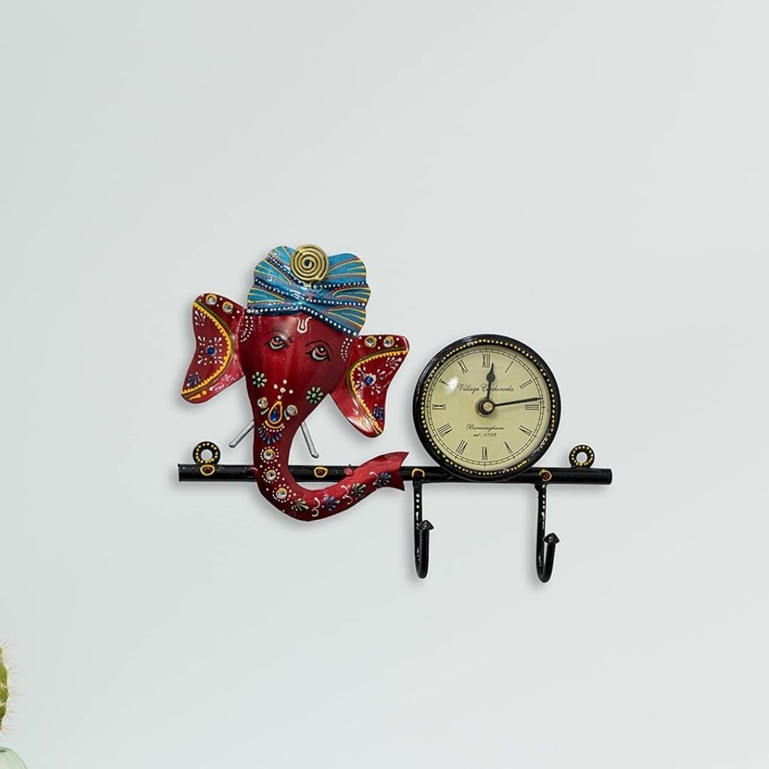 Iron Painted Wall Ganesh 2 Hook with Clock Decorative Key Holder