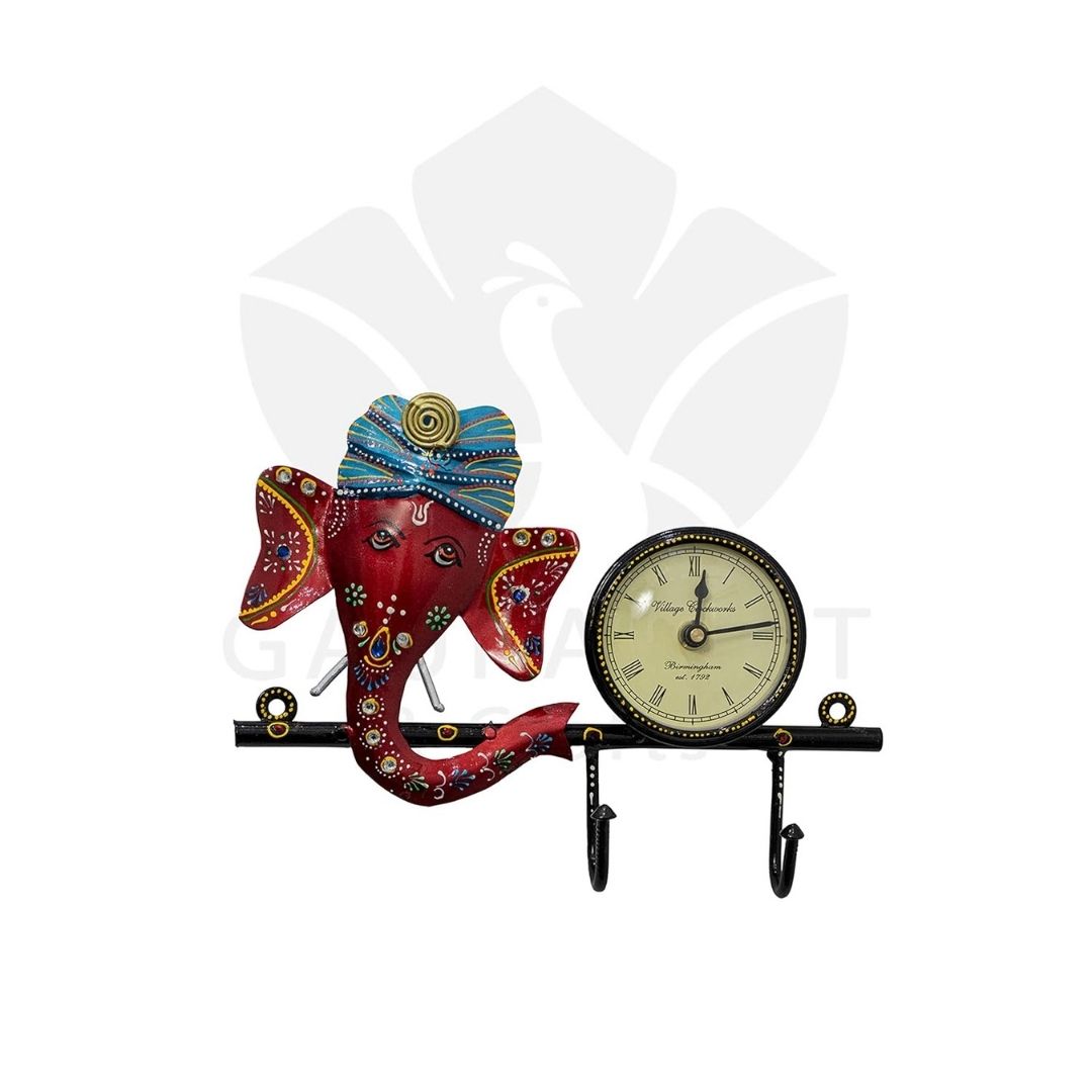 Iron Painted Wall Ganesh 2 Hook with Clock Decorative Key Holder