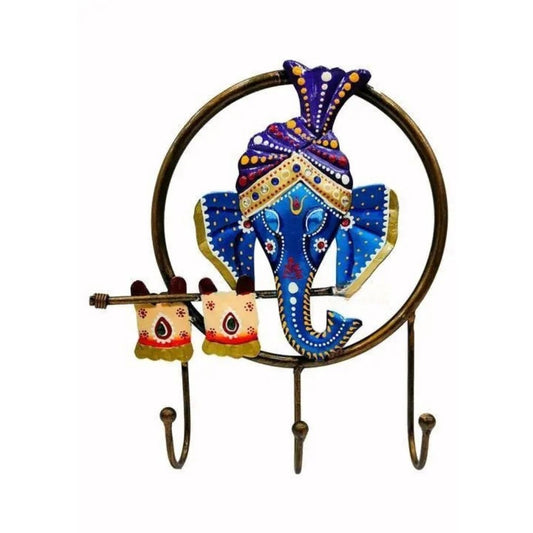 Iron Painted Wall Ganesh Key Holder with 3 Hooks for Gifting