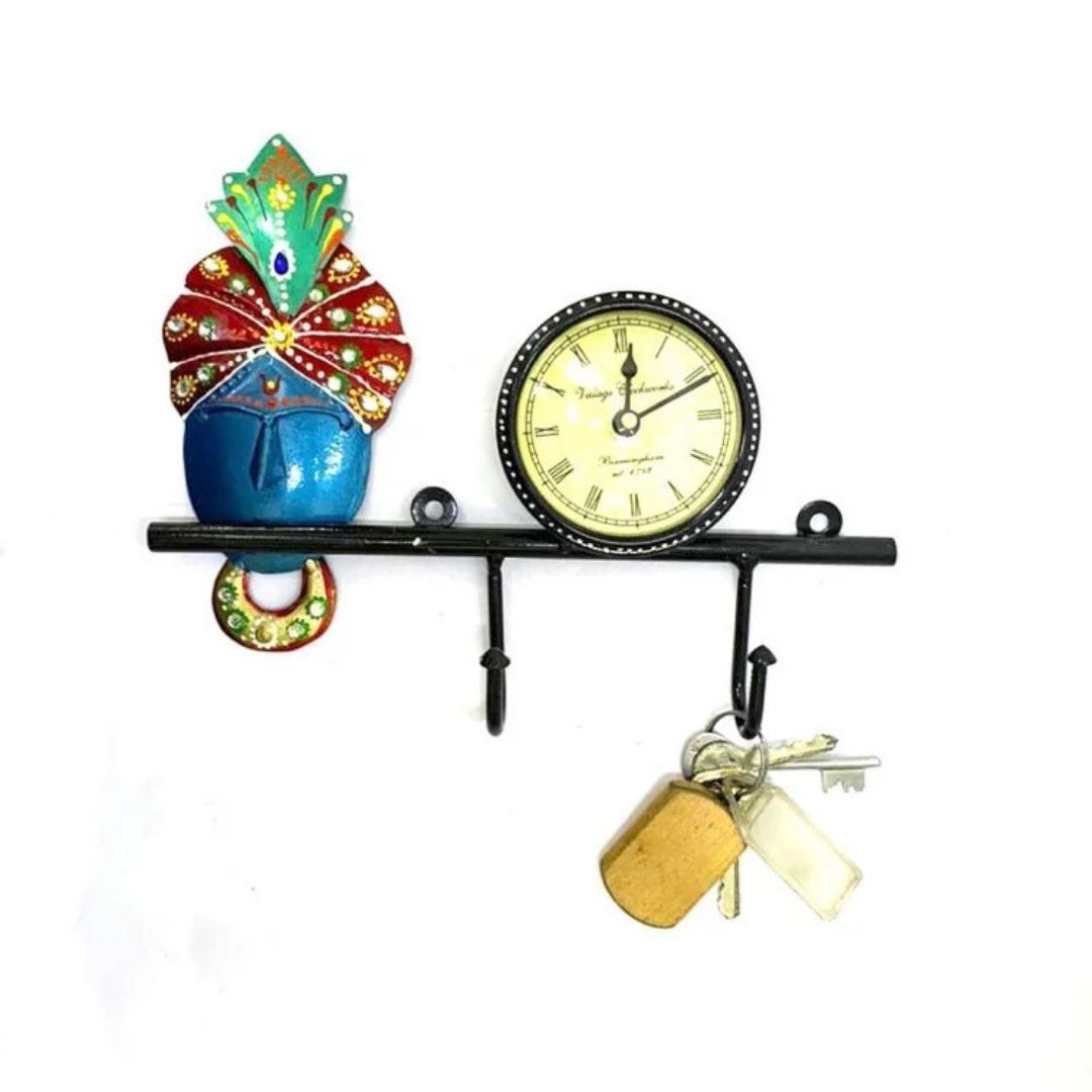 Iron Painted Wall Krishna Hook with Clock Decorative Key Holder