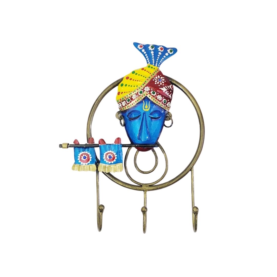 Iron Painted Wall Krishna Key Holder with 3 Hooks for Wall Decor