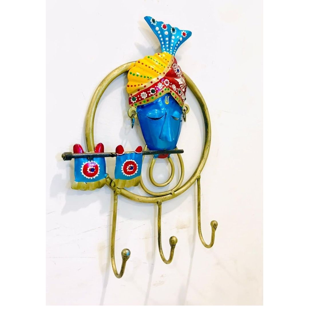 Iron Painted Wall Krishna Key Holder with 3 Hooks for Wall Decor