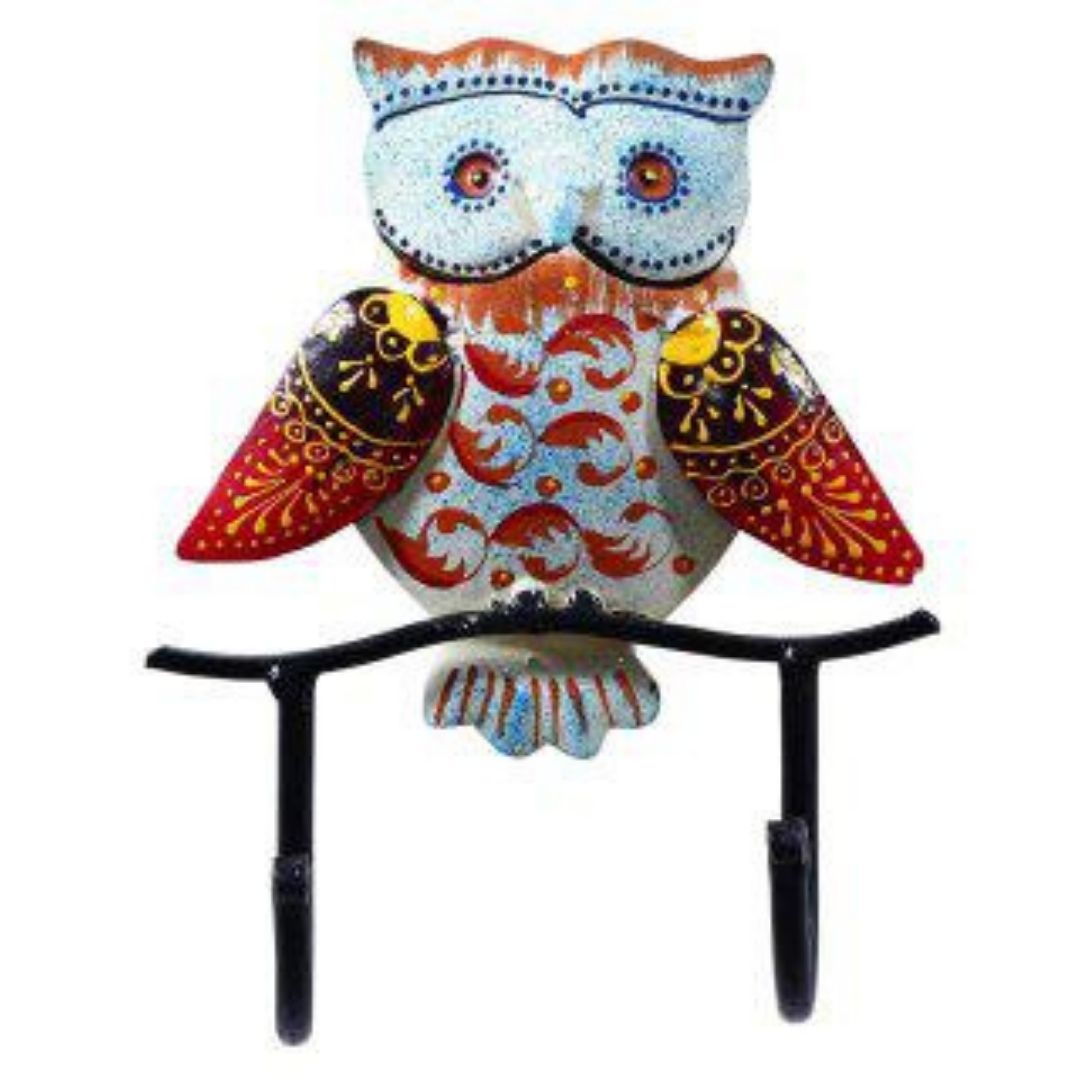 Iron Painted Wall Owl Key Holder with 2 Hooks for Wall Decor