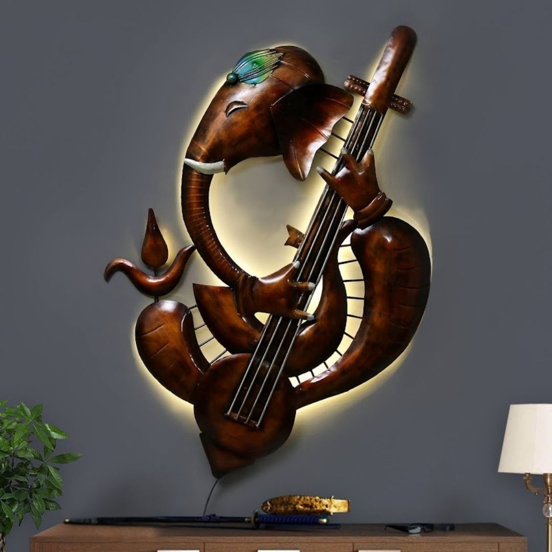 Metal Ganesha Wall Art with Musical Instrument and Backlighting