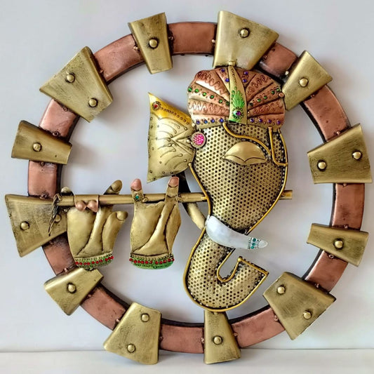 Metal Wall Art of Lord Ganesh Playing Flute Circular Design