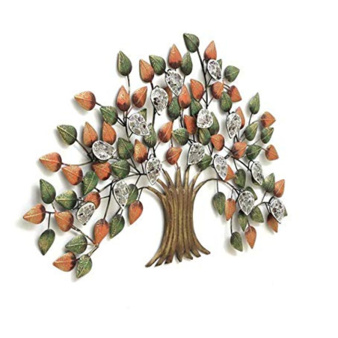 Metallic Tree Wall Art with Colorful Leaves & Crystal Decor