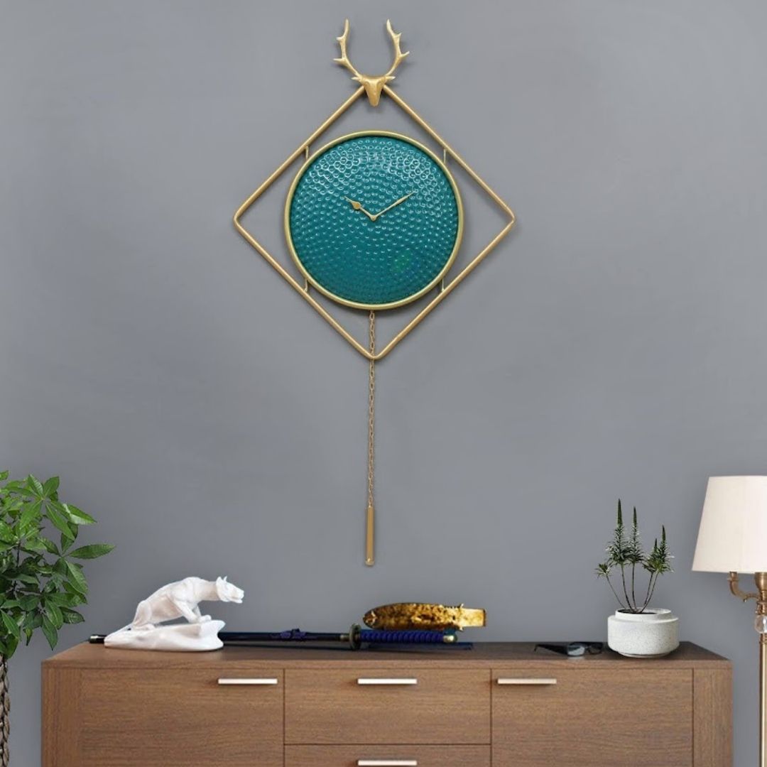 Modern Golden Deer Wall Clock with Textured Blue Dial for Home Decor
