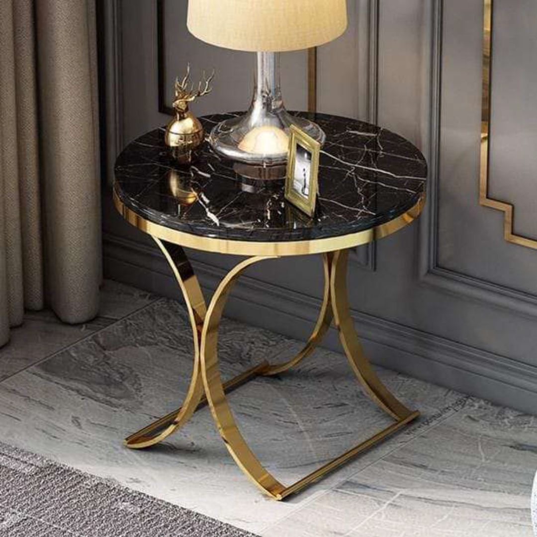 Modern Round Bedside Table Black Gold for Home & Office