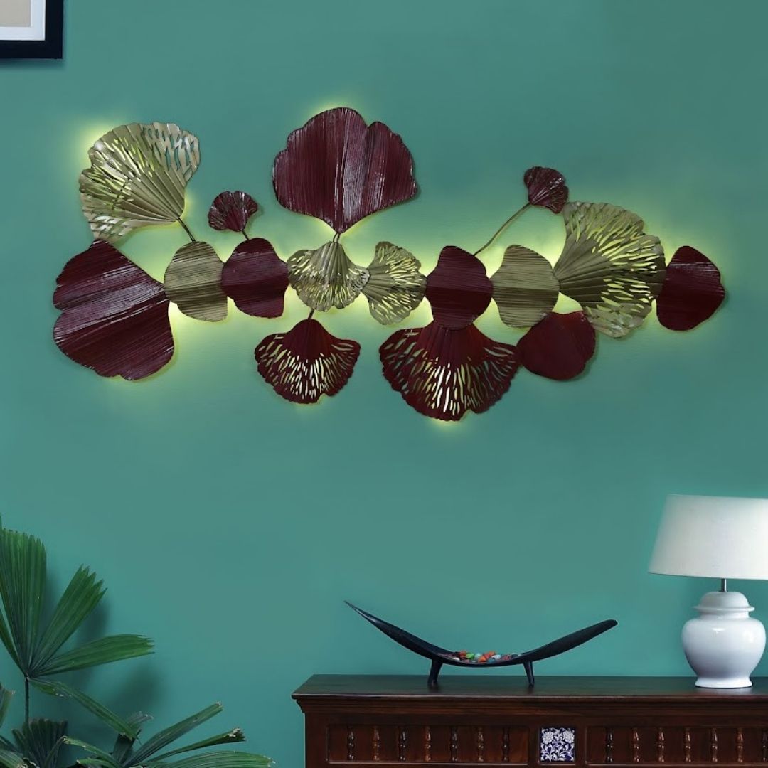 Red and Gold Metallic Leaves Wall Art for Living Room