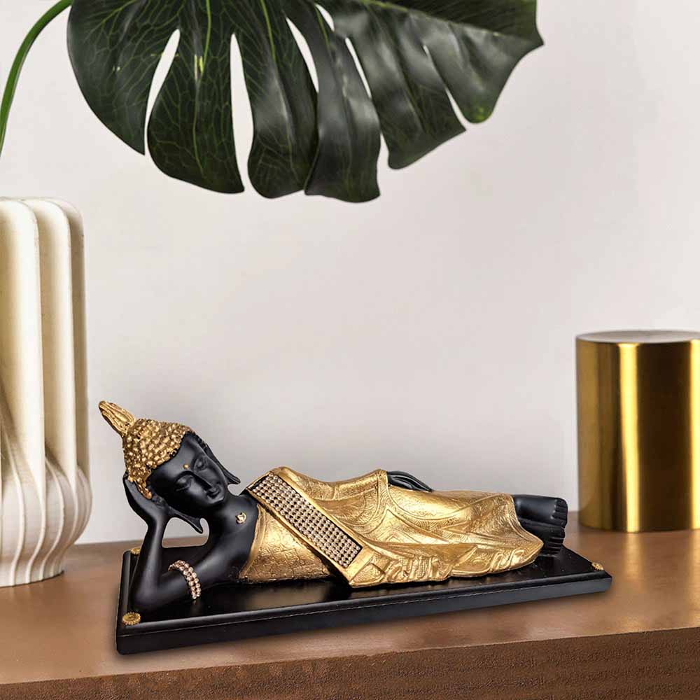 Antique Black Golden Sleeping Buddha on Wooden Base Showpiece