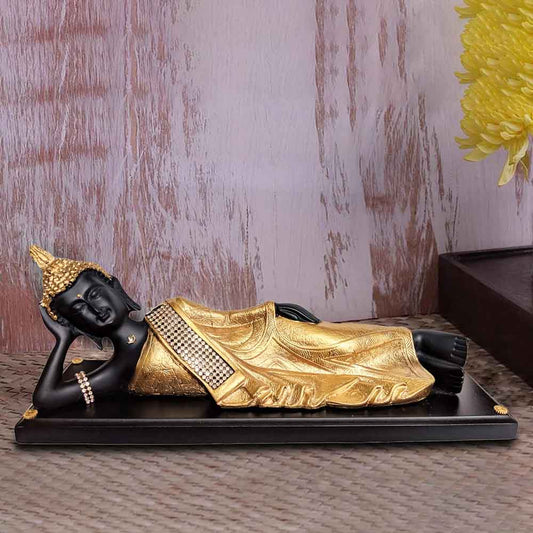 Antique Black Golden Sleeping Buddha on Wooden Base Showpiece